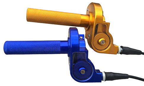 two DMF Throttle assemblies (one blue & one gold)